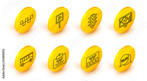 Set line Taxi call telephone service, Taximeter, driver license, Bus, Gps device with map, Traffic light, Parking and car roof icon. Vector