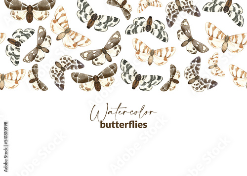 Template with illustrated brown butterflies. Hand drawn watercolor moth. Decor for packaging, label, stationery and greeting card. Flying insects.