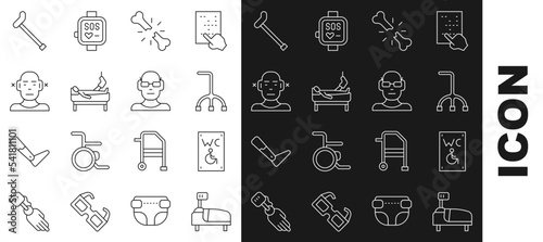Set line Hospital bed, Separated toilet for disabled, Walking stick cane, Human broken bone, Patient with leg, Deaf, and Poor eyesight icon. Vector