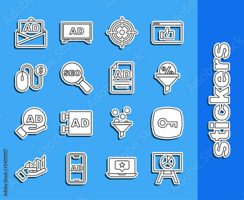 Set line Board with graph chart, Key, Lead management, Target, SEO optimization, Advertising, and icon. Vector