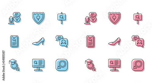 Set line Teacher, Dating app, Microphone, Male gender, Woman shoe, Gender equality, and shield, Female icon. Vector