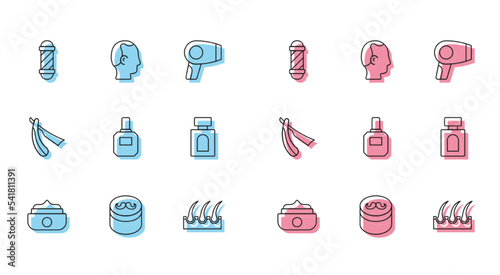 Set line Gel or wax for hair styling, Classic Barber shop pole, Human follicle, Aftershave, Straight razor and Baldness icon. Vector