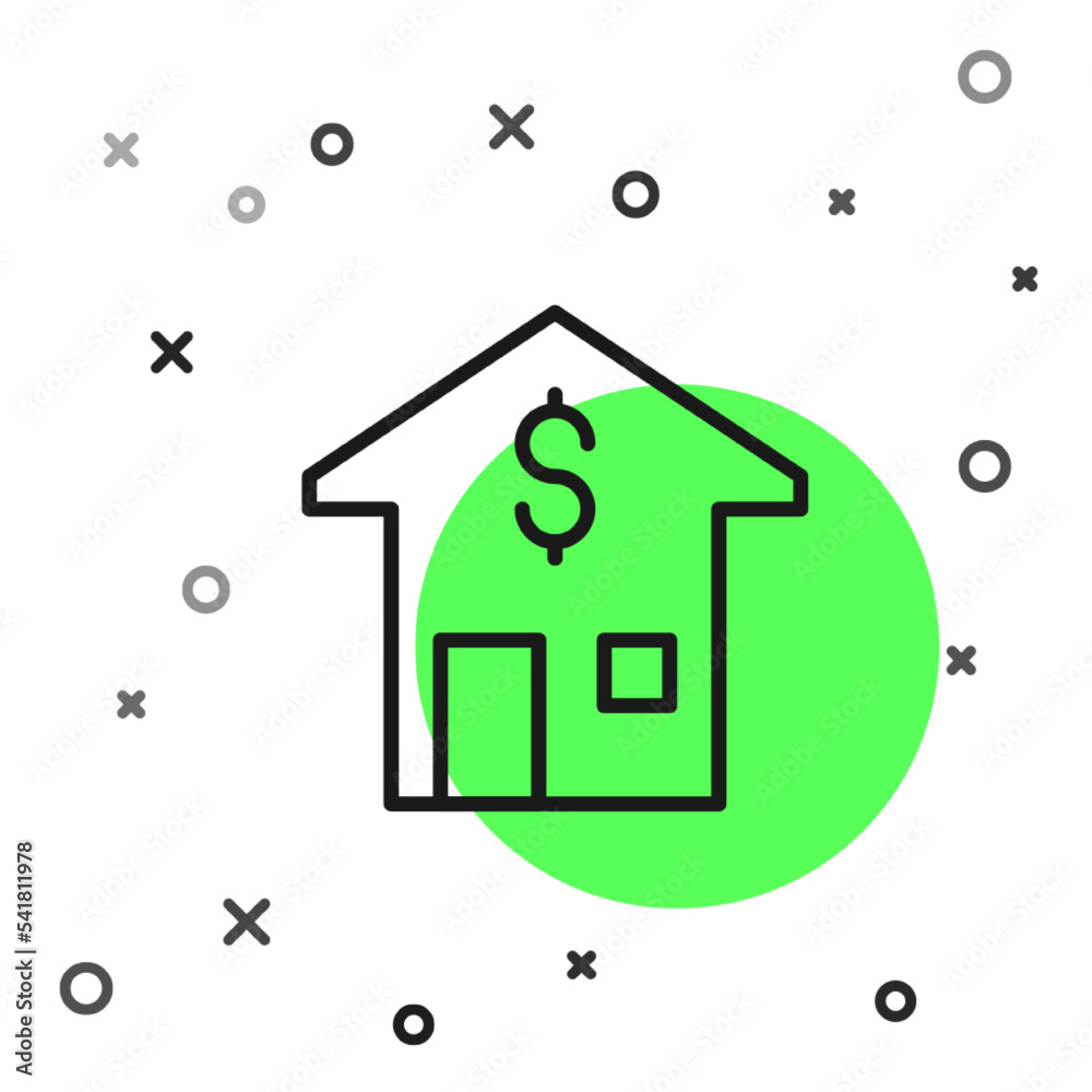 Black line House with dollar symbol icon isolated on white background. Home and money. Real estate concept. Vector