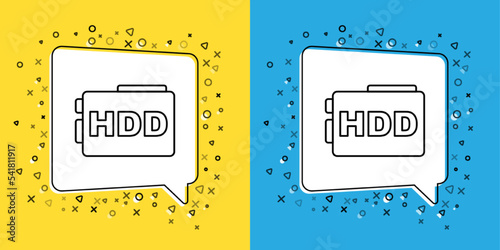 Set line Hard disk drive HDD icon isolated on yellow and blue background. Vector