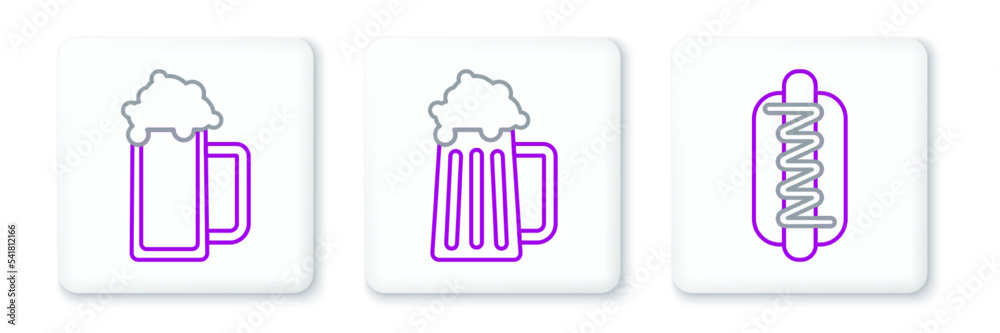 Set line Hotdog sandwich with mustard, Glass of beer and Wooden mug icon. Vector Set line Hotdog sandwich with mustard, Glass of beer and Wooden mug icon. Vector