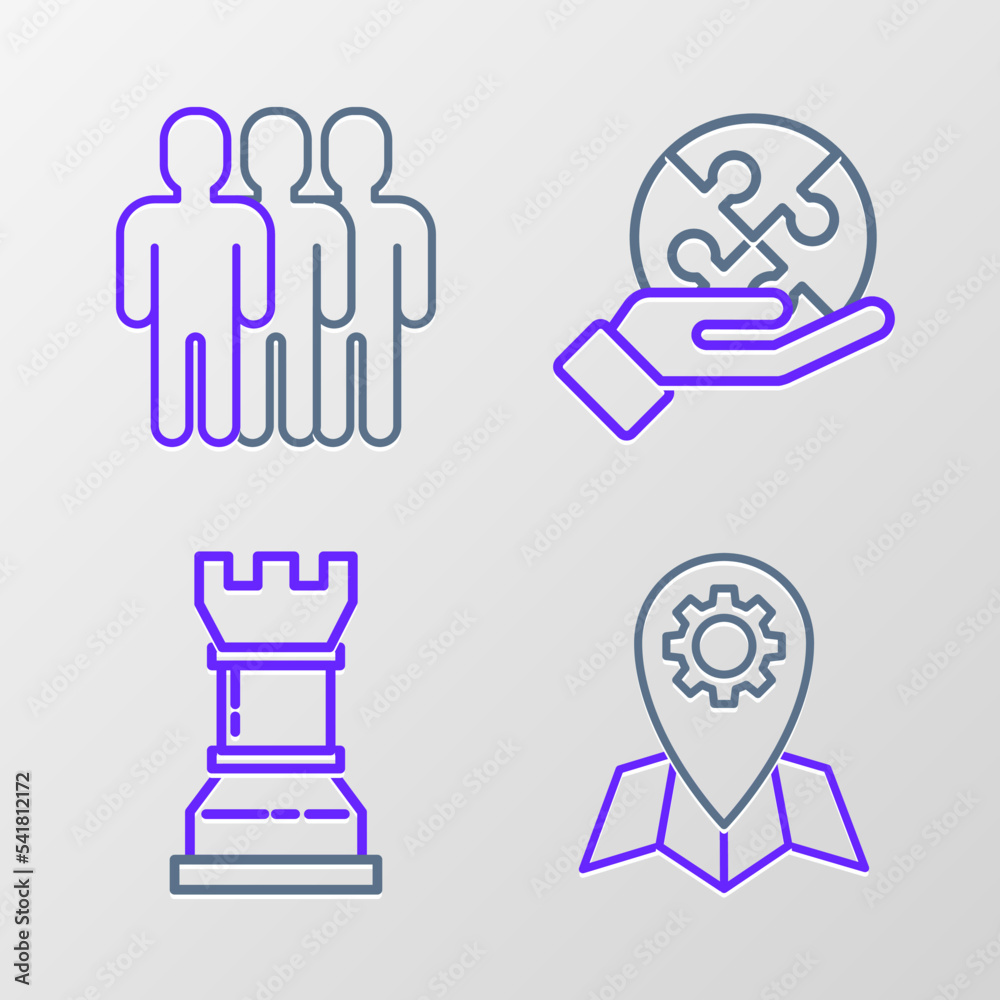 Set line Location job, Business strategy, Piece of puzzle hand and Users group icon. Vector Set line Location job, Business strategy, Piece of puzzle hand and Users group icon. Vector
