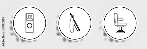 Set line Barbershop chair, Shaving gel foam and Straight razor icon. Vector