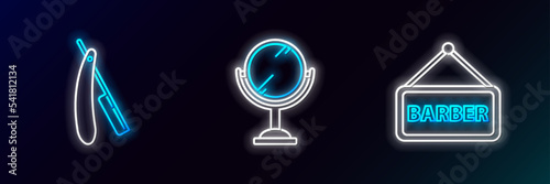 Set line Barbershop, Straight razor and Hand mirror icon. Glowing neon. Vector