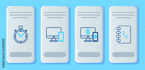 Set line Computer monitor and mobile phone, with bitcoin, Stopwatch and Address book icon. Vector