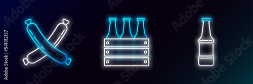 Set line Beer bottle, Crossed sausage and Pack of beer bottles icon. Glowing neon. Vector