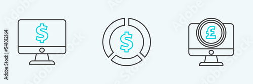 Set line Computer monitor with pound sterling symbol, dollar and Coin money icon. Vector