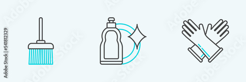 Set line Rubber gloves, Handle broom and Plastic bottles for liquid dishwashing liquid icon. Vector