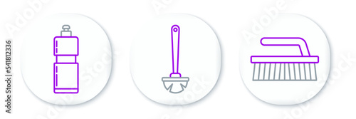 Set line Brush for cleaning, Plastic bottles liquid dishwashing liquid and Toilet brush icon. Vector