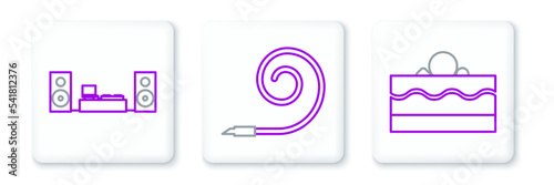 Set line Cake, Home stereo with two speakers and Birthday party horn icon. Vector