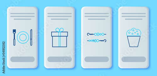 Set line Gift box, Grilled shish kebab, Plate, fork and knife and Popcorn in cardboard icon. Vector