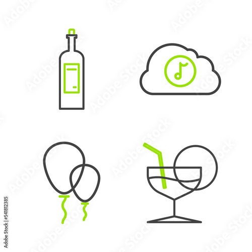 Set line Martini glass, Balloons with ribbon, Music streaming service and Bottle of wine icon. Vector