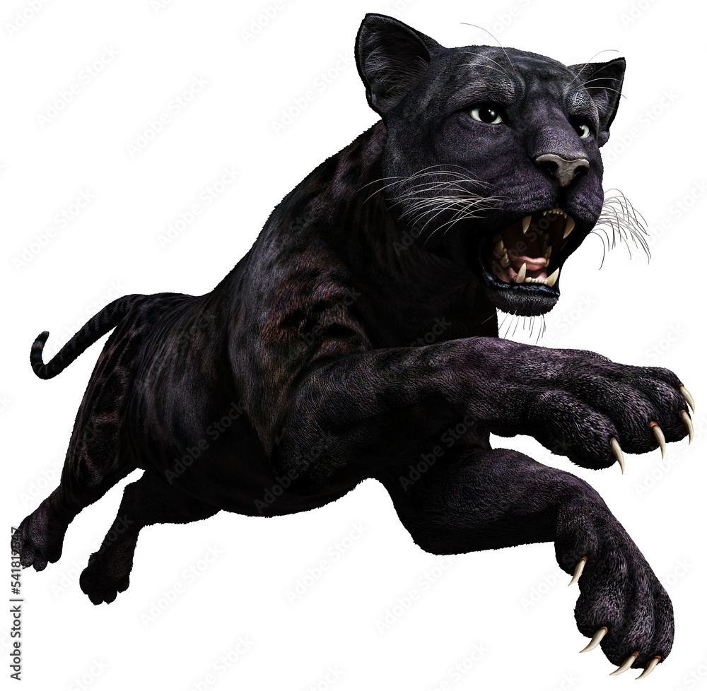 Black panther pouncing 3D illustration	 - obrazy, fototapety, plakaty 