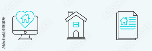 Set line House contract, Monitor with house in heart shape and Home symbol icon. Vector