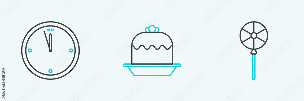 Set line Lollipop, Clock and Cake icon. Vector Set line Lollipop, Clock and Cake icon. Vector
