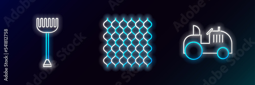 Set line Tractor, Garden rake and fence wooden icon. Glowing neon. Vector