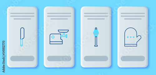 Set line Kitchen meat grinder, Honey dipper stick, Knife and Oven glove icon. Vector