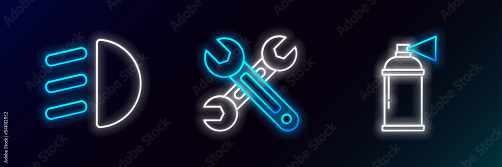 Set line Paint spray can, High beam and Wrench icon. Glowing neon. Vector Set line Paint spray can, High beam and Wrench icon. Glowing neon. Vector