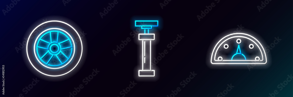Set line Speedometer, Car wheel and icon. Glowing neon. Vector
