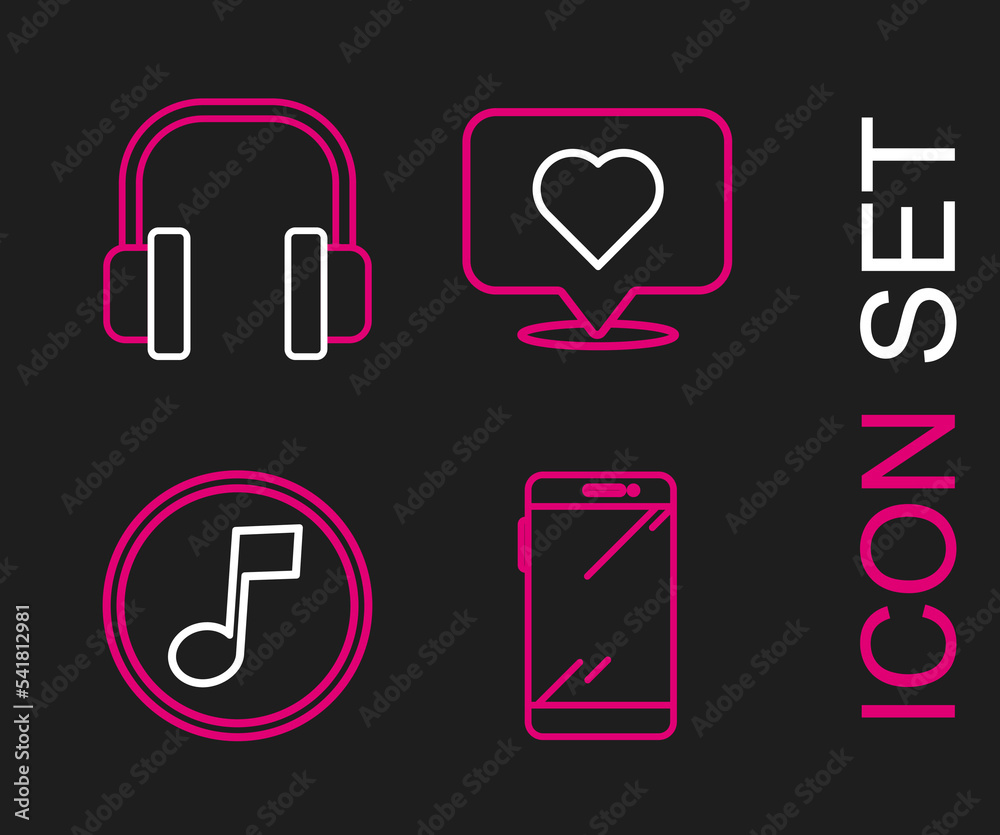 Set line Smartphone, mobile phone, Music note, tone, Like and heart and Headphones icon. Vector Set line Smartphone, mobile phone, Music note, tone, Like and heart and Headphones icon. Vector