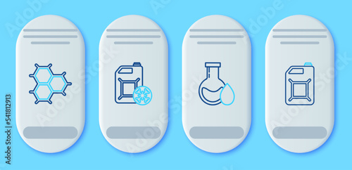 Set line Antifreeze canister, Oil petrol test tube, Chemical formula consisting of benzene rings and Canister gasoline icon. Vector