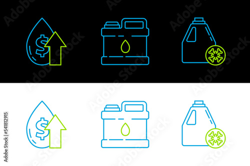 Set line Antifreeze canister, Oil price increase and Canister for motor machine oil icon. Vector