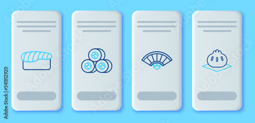 Set line Sushi, Paper chinese or japanese folding fan, and Khinkali on cutting board icon. Vector