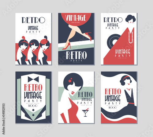 Retro Party Poster or Invitation Cards with Female Silhouette Vector Set