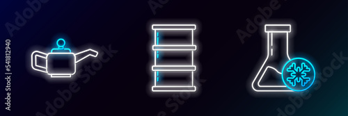 Set line Antifreeze test tube, Canister for motor machine oil and Barrel icon. Glowing neon. Vector