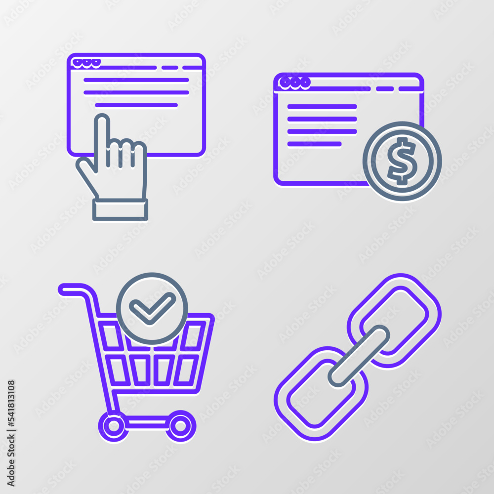 Set line Chain link, Shopping cart with check mark, Online shopping on screen and icon. Vector