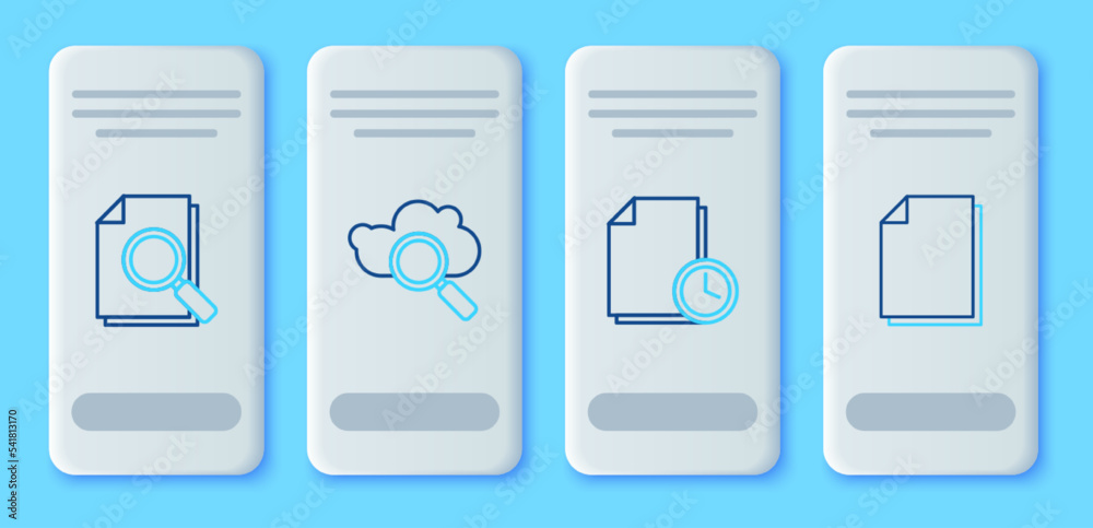 Set line Search cloud computing, Document with clock, search and icon. Vector