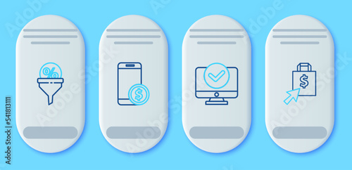 Set line Smartphone with dollar, Computer monitor, Lead management and Shoping bag and icon. Vector