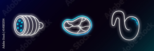 Set line Fried chicken wing, Salami sausage and Steak meat icon. Glowing neon. Vector