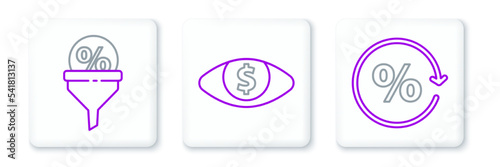 Set line Discount percent tag, Lead management and Eye with dollar icon. Vector