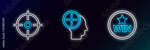 Set line Medal, Target sport and Head hunting concept icon. Glowing neon. Vector
