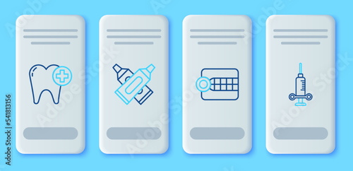 Set line Crossed tube of toothpaste, Dentures model, Tooth and Dental medical syringe icon. Vector