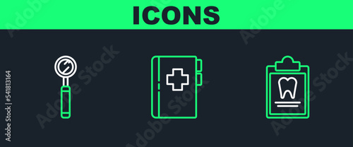 Set line Clipboard with dental card, Dental inspection mirror and icon. Vector
