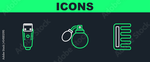 Set line Hairbrush, Electrical hair clipper or shaver and Aftershave bottle with atomizer icon. Vector