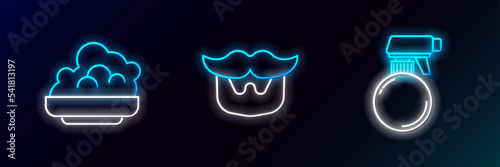 Set line Hairdresser pistol spray bottle, Shaving gel foam and Mustache and beard icon. Glowing neon. Vector