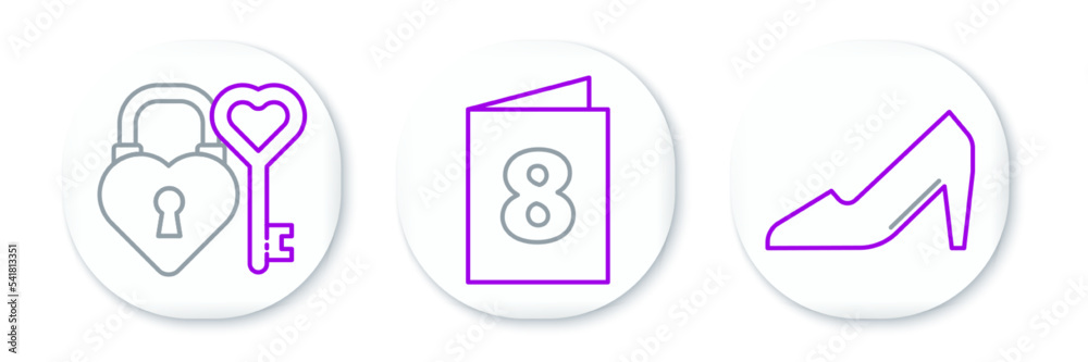 Set line Woman shoe, Castle and key in heart shape and Greeting card with 8 March icon. Vector