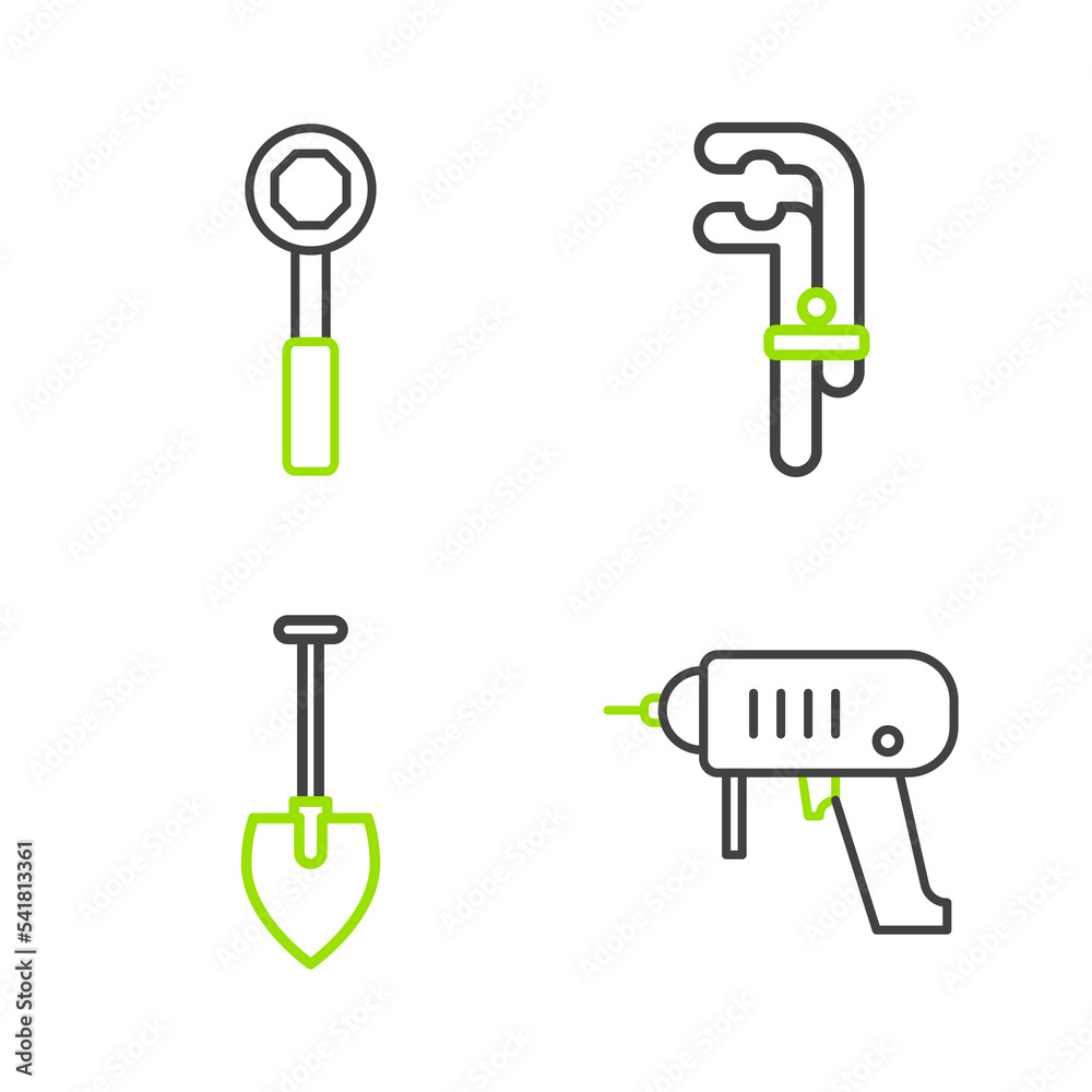 Set line Electric drill machine, Shovel, Clamp tool and Wrench spanner icon. Vector