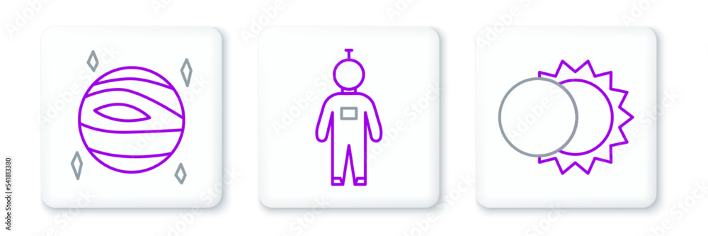 Set line Eclipse of the sun, Planet Venus and Astronaut icon. Vector