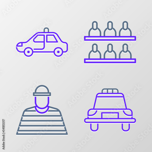 Set line Police car and flasher, Prisoner, Jurors and icon. Vector