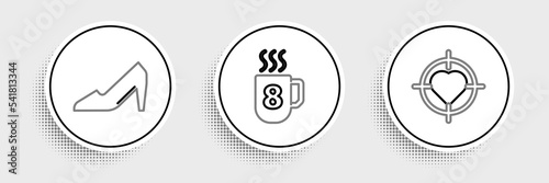 Set line Heart in the center of target aim, Woman shoe and Coffee cup with 8 March icon. Vector