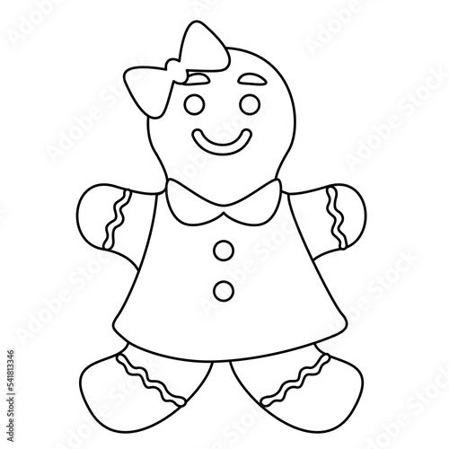 Cute gingerbread girl cookie for Christmas, doodle style flat vector outline for kids coloring book