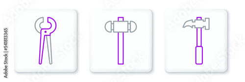Set line Claw hammer, Pincers and pliers and Sledgehammer icon. Vector